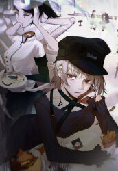  1boy 3girls absurdres apron black_hat black_shirt blood burger chainsaw_man chef_hat denji_(chainsaw_man) disembodied_head doll earrings english_commentary extra_arms eyeball falling_devil_(chainsaw_man) famine_devil_(chainsaw_man) food fork french_fries hand_on_own_face hat highres holding holding_detached_head ivdimension jewelry leaning_on_table looking_at_viewer mitaka_asa multiple_girls peaked_cap photo_(object) pochita_(chainsaw_man) red_eyes restaurant shirt short_sleeves skirt snake stool strap white_shirt 