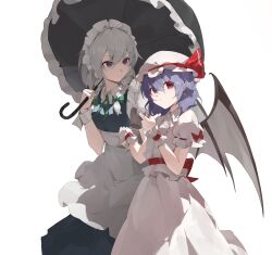  2girls absurdres apron back_bow bat_wings black_umbrella blue_dress blue_hair bow braid breasts collared_shirt dress frilled_wrist_cuffs frills green_bow green_ribbon grey_hair hair_between_eyes hair_bow hat hat_ribbon highres holding holding_umbrella izayoi_sakuya kenkxx long_hair looking_at_viewer maid maid_headdress medium_hair mob_cap multiple_girls neck_ribbon parasol pinafore_dress red_eyes red_wrist_cuffs remilia_scarlet ribbon shirt simple_background skirt skirt_set sleeveless sleeveless_dress small_breasts touhou twin_braids umbrella waist_apron white_apron white_background white_hat white_shirt white_skirt white_wrist_cuffs wings wrist_cuffs 