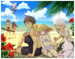  3boys 4girls beach bikini bikini_skirt blue_eyes braid brown_hair closed_eyes dangan_ronpa drink flower frilled_bikini frills hat hinata_hajime komaeda_nagito monomi_(dangan_ronpa) multiple_boys multiple_girls nanami_chiaki nidai_nekomaru owari_akane palm_tree pekoyama_peko pink_hair popsicle rabbit shark silver_hair sleeping straw_hat summer super_dangan_ronpa_2 susutake_(pixiv) swimsuit tree tsumiki_mikan twin_braids white_hair wings 