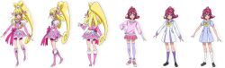 1girl aida_mana arm_warmers black_shoes blonde_hair bow brooch cure_heart dokidoki!_precure earrings hair_bow heart heart_brooch heart_earrings highres jewelry magical_girl official_art oogai_daiichi_middle_school_uniform pink_arm_warmers pink_bow pink_eyes pink_hair precure purple_socks purple_thighhighs reference_sheet school_uniform shoes skirt smile socks solo takahashi_akira thigh-highs transparent_background white_socks yellow_bow 