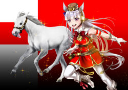  1girl animal_ears armband blunt_bangs blush boots bow bowtie breasts brown_hat commentary_request creature_and_personification dress ear_bow ear_ribbon gloves gold_ship_(racehorse) gold_ship_(red_strife)_(umamusume) gold_ship_(umamusume) grey_hair hat horse horse_ears horse_girl horse_tail large_breasts long_hair open_mouth pantyhose personification pillbox_hat real_life red_bow red_dress sleeveless sleeveless_dress smile striped_armband striped_clothes sugimotty_nova tail teeth tongue tongue_out umamusume upper_teeth_only violet_eyes white_boots white_gloves white_pantyhose 