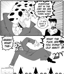  2boys anchor_ornament beard black_hair diamond_wa_kudakenai english_text facial_hair falling father_and_child father_and_son gakuran greyscale hat heart higashikata_josuke highres jewelry jojo_no_kimyou_na_bouken joseph_joestar joseph_joestar_(old) joseph_joestar_fake_car_(meme) male_focus meme monochrome multiple_boys old old_man open_mouth outstretched_arms parent_and_child peace_symbol pompadour profanity scene_reference school_uniform sideways speech_bubble spikes spread_arms wanderjegson 