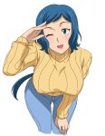  1girl arm_support bent_over blue_hair breasts green_eyes gundam gundam_build_fighters iori_rinko jeans large_breasts lipstick long_hair makeup makino_tomoyasu open_mouth ponytail ribbed_sweater salute simple_background solo sweater thigh_gap turtleneck very_long_hair white_background wink 