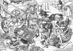  6+girls animal_ears antlers baby_animal barefoot bear_trap bell_pepper bird bird_tail bird_wings bomb_item_(touhou) boots bottle bowl broken_plate can capelet carrot cart chick chopsticks commentary cooking cooking_pot cooler corn corn_cob cowboy_hat crate curtains dragon_tail dress drink drink_can drum_(container) english_commentary fire fish food grass greyscale grilling hat highres holding holding_drink holding_food holding_spoon holding_staff holding_with_tail horn_ornament horn_ribbon horns jewelry kicchou_yachie knee_up kurokoma_saki long_hair meat mitsugashira_enoko monkey_tail monochrome multicolored_hair multiple_girls multiple_tails mushroom mystia_lorelei necklace niwatari_kutaka off-shoulder_shirt off_shoulder ok_sign outdoors pavement plate pleated_skirt power_item_(touhou) prehensile_tail puffy_short_sleeves puffy_sleeves ribbon ribs_(food) scallop shirt short_hair short_sleeves sign single_horn sitting sitting_on_own_tail skirt sleeveless sleeveless_dress son_biten spilling spoon staff stool syringe tail tenkajin_chiyari toes tongs touhou toutetsu_yuuma traditional_media translation_request two-tone_hair useless-husky vegetable wings wolf_ears wolf_girl wolf_tail 