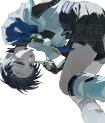  1boy :p aqua_gem arm_at_side armor belt bent_over black_belt black_bodysuit black_bridal_gauntlets black_hair black_shorts blue_cape bodysuit bridal_gauntlets cape feathers gem genshin_impact gold_ring hakama hakama_shorts hand_up highres japanese_armor japanese_clothes kimono knot_colorful kote kurokote leg_warmers looking_at_viewer male_focus mandarin_collar middle_ring open_clothes open_kimono pleated_shorts pom_pom_(clothes) purple_sash sash scaramouche_(genshin_impact) shorts shoulder_peek side_cape solo tongue tongue_out tsurime violet_eyes vision_(genshin_impact) wanderer_(genshin_impact) watermark white_background white_kimono white_leg_warmers yellow_feathers 