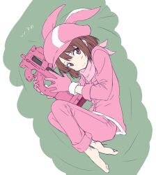  1girl animal_ear_headwear asagi501 bandana bandana_around_neck barefoot blush brown_eyes brown_hair bullpup closed_mouth commentary_request cute_weapon frown full_body gloves green_background gun hat holding holding_gun holding_weapon jacket llenn_(sao) looking_at_viewer medium_hair p-chan_(p90) p90 pants pink_bandana pink_gloves pink_hat pink_jacket pink_pants sidelocks solo submachine_gun sword_art_online sword_art_online_alternative:_gun_gale_online three-quarter_sleeves translation_request weapon white_background 