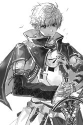  1boy armor arthur_pendragon_(fate) bujianxishou capelet fate/grand_order fate_(series) greyscale highres holding holding_sword holding_weapon looking_at_viewer male_focus monochrome short_hair simple_background solo sword upper_body weapon white_background 