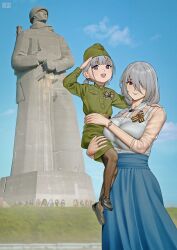  2girls absurdres blue_skirt blue_sky breasts closed_mouth collared_shirt girls_frontline hair_over_one_eye hat high-waist_skirt highres j_adsen large_breasts long_skirt low_twintails medallion medium_hair military_hat military_uniform mixed-language_commentary multiple_girls open_mouth outdoors pk_(girls'_frontline) red_eyes rpk-16_(girls'_frontline) salute see-through_clothes see-through_sleeves shirt shirt_tucked_in signature skirt sky smile statue twintails violet_eyes watch 