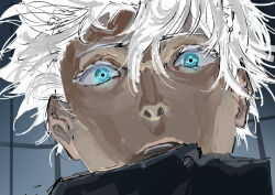  1boy absurdres blue_eyes eye_focus gojo_satoru hair_between_eyes highres jujutsu_kaisen looking_at_viewer nitrovu parted_lips portrait short_hair sketch solo white_hair wide-eyed 