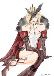  1girl bare_shoulders berryclouds_art black_gloves black_mask blonde_hair blue_eyes butterfly_mask dress earrings elbow_gloves eye_mask fatui_coat fur_trim genshin_impact gloves highres jewelry lace-trimmed_eyepatch long_hair looking_at_viewer mask mask_over_one_eye one_eye_covered signora_(genshin_impact) smile solo studded_gloves 