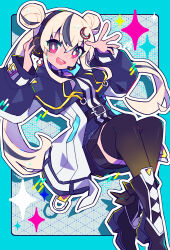  1girl :d black_pantyhose black_streaks blue_background blue_boots blue_border blue_jacket blue_shirt blue_shorts blush boots border bright_pupils commentary_request commission double_bun drop_shadow full_body hair_bun hand_on_headphones hands_up headphones highres honoca6190 jacket long_hair long_sleeves looking_at_viewer multicolored_hair open_clothes open_jacket open_mouth original outline outside_border pantyhose pink_eyes shirt shorts skeb_commission smile solo streaked_hair twintails white_hair white_outline white_pupils 