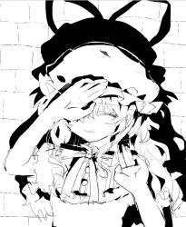  1girl brick_wall collared_dress commentary covering_own_eyes dress hair_ribbon hat highres long_hair maribel_hearn mob_cap monochrome neck_ribbon ribbon shadow short_sleeves taasuukeeteeeee touhou untranslatable_commentary upper_body yukari_is_merry_theory_(touhou) 