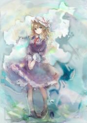  1girl blonde_hair blue_eyes boots brown_boots closed_mouth collared_dress contrast_collar dress frilled_dress frills hat hat_ribbon highres long_hair long_sleeves maribel_hearn mob_cap neck_ribbon own_hands_together puffy_long_sleeves puffy_sleeves purple_dress rain red_ribbon ribbon solo touhou uwazumi white_hat 