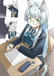  1girl 1other absurdres academic_test alternate_costume animal_ear_fluff animal_ears arknights bespectacled black_jacket blazer blue_hair closed_mouth colored_inner_hair commentary english_commentary eraser glasses green_eyes grey-framed_eyewear grey_hair headpat highres holding holding_pen jacket layered_sleeves long_hair long_sidelocks multicolored_hair multiple_views pen rosmontis_(arknights) school_uniform semi-rimless_eyewear sidelocks sleeves_past_wrists under-rim_eyewear yagi000 