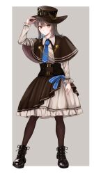 1girl absurdres adjusting_clothes adjusting_headwear belt black_belt black_boots black_capelet black_pantyhose black_skirt blue_bow blue_necktie blush boots bow brown_eyes brown_hair brown_hat capelet closed_mouth clothing_request collared_shirt commentary dinotodon frilled_skirt frills grey_background hat headwear_request highres long_hair long_sleeves necktie original pantyhose shirt skirt solo standing waist_bow white_shirt white_skirt 