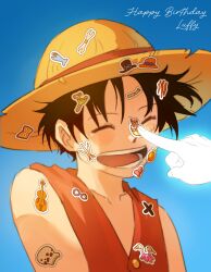  1boy 1other absurdres bare_shoulders birthday birthday_cake black_hair blue_background blue_sky blush book cake character_name closed_eyes collarbone cross finger_to_another's_nose food fruit gradient_background happy happy_birthday hat highres instrument katana mandarin_orange monkey_d._luffy nondrea one_piece open_book open_mouth red_vest short_hair sky smile solo sticker sticker_on_face straw_hat sword upper_body vest violin weapon 