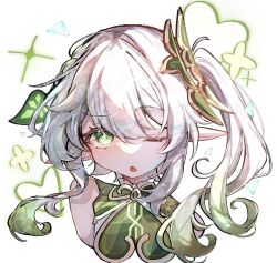  1girl bare_shoulders commentary_request cropped_torso genshin_impact green_eyes green_hair hair_between_eyes hair_ornament highres leaf_hair_ornament looking_at_viewer multicolored_hair nahida_(genshin_impact) one_eye_closed open_mouth pointy_ears potatomochi_(potatomochi_7) simple_background sleeveless solo star-shaped_pupils star_(symbol) symbol-shaped_pupils white_background white_hair 