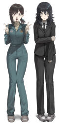  2girls absurdres anya_(mouthwashing) anya_(mouthwashing)_(cosplay) black_hair black_jacket black_necktie black_pants blood blue_jumpsuit brown_eyes brown_hair chainsaw_man closed_mouth collared_shirt commentary cosplay costume_switch crying crying_with_eyes_open double_v full_body grey_eyes grey_shoes hair_ornament hairclip higashiyama_kobeni higashiyama_kobeni_(cosplay) highres jacket jumpsuit k_hottok long_hair looking_at_viewer mole mole_under_eye mole_under_mouth mouthwashing multiple_girls multiple_moles necktie nosebleed pant_suit pants sandals shirt shoes simple_background standing straight-on suit suit_jacket tears thigh_gap v white_background white_shirt 