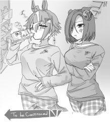  2girls ahoge air_groove_(umamusume) alternate_costume anger_vein animal_ears bow breasts commentary_request crossed_arms drink drink_carton drinking ear_bow ear_chain ear_ornament greyscale hair_ornament hair_over_one_eye highres holding holding_drink holding_drink_carton holding_milk_carton horse_ears horse_girl impending_doom large_breasts linked_piercing long_sleeves milk_carton monochrome morimoritani_36 multiple_girls musical_note parent_and_child piercing refrigerator rulership_(umamusume) short_hair to_be_continued umamusume umamusume_horse_relations 