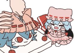  2girls :3 animal_hat back_bow bat_wings blue_hair bow cake character-themed_food cherry closed_eyes commentary crying cutting food fruit hat hat_ribbon highres holding holding_knife knife mensoreimuremu mob_cap multiple_girls open_mouth photo-referenced pink_hat pink_shirt pink_skirt pink_wrist_cuffs red_bow remilia_scarlet ribbon ribbon-trimmed_skirt ribbon_trim shirt sitting skirt skirt_set touhou wings wrist_cuffs yukkuri_shiteitte_ne 