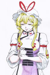  1girl blonde_hair bow closed_eyes closed_mouth dress facing_viewer food food_on_face hair_between_eyes hair_bow hat hat_ribbon highres holding holding_food long_hair long_sleeves medium_hair mob_cap multiple_hair_bows onigiri purple_tabard red_ribbon ribbon s590220 solo tabard touhou white_dress white_hat yakumo_yukari 