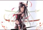  1girl katana long_hair midriff skirt solo sword thighhighs weapon zettai_ryouiki 