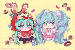  2girls alternate_costume animal_ears animal_hood black_boots black_skirt blue_eyes blue_hair blush_stickers boots bow bubble_skirt buck_teeth candy checkerboard_cookie chibi chibi_only chocolate_donut commentary_request cookie deformed dessert doughnut expressionless fake_animal_ears food frilled_bow frilled_skirt frills gloves hair_ornament hair_scrunchie hatsune_miku highres hood jelly_bean kinoshita_aki knees_together_feet_apart large_bow long_hair multiple_girls multiple_persona no_nose open_mouth orange_background outline pantyhose pink_bow pink_gloves pink_pantyhose pink_serafuku pink_skirt polka_dot polka_dot_background puffy_short_sleeves puffy_sleeves rabbit_ears rabbit_hood school_uniform scrunchie serafuku short_sleeves skirt sprinkles striped_clothes striped_pantyhose sweets teeth twintails two-tone_background two-tone_pantyhose vertical-striped_clothes vertical-striped_pantyhose vocaloid watermark white_outline white_pantyhose yellow_background 