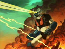  1970s_(style) electricity explosion eye_beam mazinger_(series) mazinger_z mazinger_z_(mecha) mecha nathanrosario no_humans retro_artstyle robot science_fiction smoke super_robot yellow_eyes 