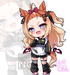  1girl animal_ears apron asymmetrical_legwear black_jacket black_leg_warmers black_shorts blue_eyes blush bow breasts chibi commentary_request espoir_city_(umamusume) fang fishnet_thighhighs fishnets frilled_apron frills hair_bow hair_ornament highres horse_ears horse_girl horse_tail jacket jersey_maid leg_warmers long_hair long_sleeves looking_at_viewer maid maid_apron mismatched_legwear mismatched_thighhighs multicolored_hair one_side_up open_mouth orange_hair peteron pink_bow sandals shorts skin_fang striped_clothes striped_thighhighs tail thigh-highs track_jacket umamusume unconventional_maid waist_apron white_apron zoom_layer 