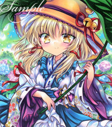  1girl alternate_costume bell blonde_hair blue_flower blue_skirt breasts brown_hat commentary_request flower hair_ribbon hat hat_bell holding holding_leaf hydrangea japanese_clothes jingle_bell kimono leaf leaf_umbrella long_hair long_sleeves looking_at_viewer marker_(medium) medium_breasts moriya_suwako purple_flower red_ribbon ribbon ribbon-trimmed_sleeves ribbon_trim rui_(sugar3) skirt solo touhou traditional_media white_kimono wide_sleeves yellow_eyes 