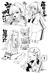  3girls :d blush braid camisole collarbone commentary_request cowboy_shot cropped_legs fang flat_chest food fujita_kotone gakuen_idolmaster greyscale hair_ornament hair_ribbon hairclip highres idolmaster jacket long_hair long_sleeves looking_at_viewer low_twin_braids monochrome multiple_girls multiple_views oomori_(kswmr) parallel_hairclips pasta ribbon shinosawa_hiro shirt short_shorts short_sleeves shorts sidelocks simple_background sitting skin_fang skinny smile smug spaghetti swept_bangs t-shirt thighs translation_request tsukimura_temari twin_braids 
