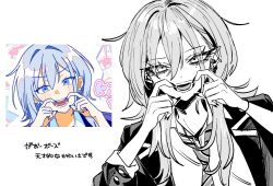  1girl blazer ear_piercing earrings fingernails haimiya-senpai_wa_kowakute_kawaii haimiya_mio_(kamiyama_sumu) hair_behind_ear hand_on_own_face highres jacket jewelry kamiyama_sumu looking_at_viewer medium_hair mole mole_under_eye monochrome necktie official_art open_mouth piercing school_uniform shirt solo striped_clothes striped_necktie teeth three-quarter_sleeves white_background 
