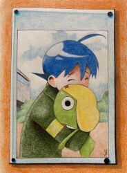  2boys absurdres ahoge blue_hair closed_eyes colored_pencil_(medium) creature english_commentary green_jacket hat highres hinata_fuyuki hug jacket keroro keroro_gunso_kerorin keroro_gunsou multiple_boys short_hair traditional_media upper_body yellow_hat 