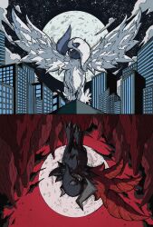  :< absol asymmetrical_horns black_fur blue_horns city claws feathered_wings full_moon hair_over_one_eye highres horns mega_absol mega_absol_z mega_pokemon moon onigiri_debu pokemon pokemon_(creature) pokemon_focus red_sky red_wings single_wing sky white_fur wings 