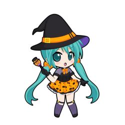  1girl aqua_eyes aqua_hair belt_buckle black_gloves black_hat black_outline black_shirt black_shoes blush bow bowtie buckle chibi chibi_only full_body game_asset gloves grey_shirt halloween hat hatsune_miku hatsune_miku_graphy_collection holding holding_wand kneehighs layered_skirt legwear_garter long_hair looking_at_viewer low_twintails open_mouth orange_bow orange_bowtie orange_skirt outline polka_dot polka_dot_shirt pumpkin_print purple_socks shirt shoes short_sleeves skirt socks solo standing star_(symbol) star_print striped_clothes striped_socks transparent_background twintails v-shaped_eyebrows vertical-striped_clothes vertical-striped_socks very_long_hair vocaloid wand witch witch_hat 