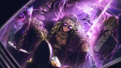  1girl 3boys adjusting_eyewear belt blonde_hair blood brown_hair chain chest_sarashi chest_tattoo coat dark-skinned_male dark_skin don_quixote_(project_moon) facial_tattoo food fruit fur_collar game_asset gauntlets grapes heathcliff_(project_moon) highres limbus_company meursault_(project_moon) middle_(identity)_(project_moon) multicolored_hair multiple_boys nai_ga official_art plate project_moon purple_coat purple_streaks purple_tank_top sarashi shirt shoes short_hair sinclair_(project_moon) streaked_hair sunglasses tank_top tattoo violet_eyes white_shirt 