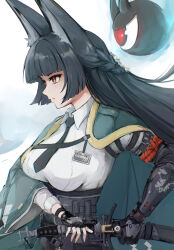  1girl absurdres animal_ear_fluff animal_ears black_corset black_hair black_necktie braid breasts collared_shirt commentary corset drawing_sword english_commentary fox_ears fox_girl from_side gauntlets gloves hand_on_hilt highres holding holding_sword holding_weapon hoshimi_miyabi japanese_clothes katana large_breasts long_hair looking_ahead lygon name_tag necktie red_eyes rope shirt side_braid single_gauntlet single_glove solo sword tailless_(zenless_zone_zero) weapon white_shirt zenless_zone_zero 