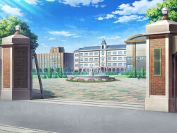  blue_sky brick_wall building chisagogo2 clouds cloudy_sky fountain hedge no_humans original scenery school sky tiles tree window 