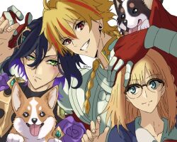  1boy 1girl 2boys ahoge armor black_hair blonde_hair blue_eyes blush braid braided_ponytail brothers cape collared_shirt colored_inner_hair emya26 fate/grand_order fate/strange_fake fate_(series) flower_ornament glasses green_eyes hair_ornament john_lackland_(fate) long_hair medium_hair multicolored_hair multiple_boys purple_hair red_eyes red_streaks richard_i_(fate) sajou_ayaka_(fate/strange_fake) shirt siblings side_braid simple_background single_braid smile streaked_hair sweater turtleneck two-tone_hair welsh_corgi white_background 