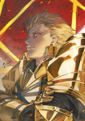  1boy armor blonde_hair closed_mouth commentary_request crossed_arms earrings fadingz fate/stay_night fate_(series) gilgamesh_(fate) gold_armor jewelry looking_at_viewer male_focus pixiv_id red_background red_eyes short_hair signature solo upper_body 