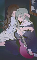 2girls artist_request bang_dream! bang_dream!_it's_mygo!!!!! blue_dress blue_eyes brown_hair closed_mouth collared_dress commission dark_room dress expressionless from_side green_hair guitar highres holding holding_guitar holding_instrument hug indoors instrument long_hair long_sleeves looking_at_another multiple_girls nagasaki_soyo on_floor picture_frame portrait_(object) second-party_source sidelocks sitting wakaba_mutsumi white_dress yuri 