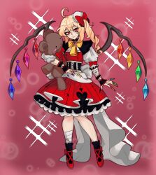  1girl absurdres adapted_costume ahoge ascot bandages black_socks blonde_hair bow brooch closed_mouth corset crystal crystal_wings double-parted_bangs english_commentary fang fingernails flandre_scarlet frilled_wrist_cuffs frills full_body hat hat_ribbon highres holding holding_stuffed_toy jewelry knees_together_feet_apart long_fingernails mob_cap multicolored_wings one_side_up puffy_sleeves red_eyes red_shoes red_skirt red_vest ribbon rinnytanart sharp_fingernails shoes side_ponytail skin_fang skirt skirt_set socks solo sparkle standing stuffed_animal stuffed_toy teddy_bear three-quarter_sleeves touhou vest white_hat wings wrist_cuffs yellow_ascot 