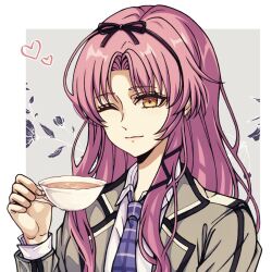  1girl aramis_high_school_uniform black_ribbon blue_necktie border bow closed_mouth commentary cropped_shoulders cup curtained_hair eiyuu_densetsu floral_background grey_background hair_bow hair_ribbon heart highres holding holding_cup jacket kuro_no_kiseki_(series) kuro_no_kiseki_ii light_smile long_hair looking_at_viewer necktie one_eye_closed one_side_up outside_border parted_bangs plaid_clothes plaid_necktie purple_hair renne_(eiyuu_densetsu) ribbon school_uniform simple_background solo tea teacup untranslatable_commentary upper_body white_border yukiko_(leovioykk) 