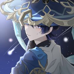  1boy adam's_apple armor black_bodysuit black_hair blue_cape blue_hat blue_jingasa blunt_ends bodysuit bright_pupils cape closed_mouth from_behind furisode genshin_impact gold gold_trim hand_up hat highres japanese_armor japanese_clothes jingasa kimono kote kurokote looking_at_viewer looking_back male_focus multicolored_hair night outdoors pale_skin purple_hair scaramouche_(genshin_impact) shooting_star side_cape sidelighting sky solo star_(sky) starry_sky streaked_hair sweatdrop tsurime tubakineco2006 turtleneck turtleneck_bodysuit variant_set violet_eyes wanderer_(genshin_impact) white_background white_kimono white_pupils 