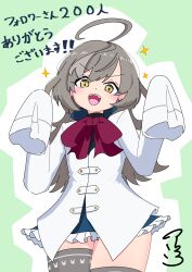  1girl :d ahoge animal_print artist_name assault_lily asymmetrical_legwear blue_skirt blush bow bowtie commentary_request cowboy_shot fang frilled_skirt frills green_background grey_hair grey_thighhighs hands_up herensuge_girls_academy_school_uniform highres jacket long_hair long_sleeves milestone_celebration miniskirt multicolored_hair open_mouth oversized_clothes print_thighhighs rabbit_print red_bow red_bowtie sasaki_ran school_uniform signature skirt sleeves_past_fingers sleeves_past_wrists smile solo sparkle standing streaked_hair teeth thigh-highs translation_request two-tone_background uneven_legwear unknown_(unknown_ver3) upper_teeth_only v-shaped_eyebrows white_background white_jacket yellow_eyes zettai_ryouiki 