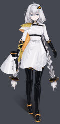  1girl absurdres ahoge black_boots black_gloves blue_eyes boots bracelet braid breasts coat epaulettes fringe_trim gloves grey_background grey_hair highres holding holding_megaphone jewelry kizuna_akari long_hair looking_at_viewer low_twintails medium_breasts megaphone nashi_(tw_nasi) shiny_clothes side_cape single_epaulette smile solo standing thigh_boots twin_braids twintails very_long_hair voiceroid white_coat 