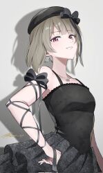  1girl black_dress black_ribbon commentary_request confident dress flat_cap grey_hair hat highres looking_at_viewer love_live! love_live!_nijigasaki_high_school_idol_club mikami_sy nakasu_kasumi red_eyes ribbon short_hair signature simple_background sleeveless solo upper_body 