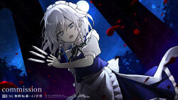  1girl apron back_bow between_fingers blue_dress blue_eyes bow braid collared_shirt commentary_request commission dress falling_petals green_bow green_ribbon grey_hair hair_bow highres holding holding_knife izayoi_sakuya knife knives_between_fingers long_hair looking_at_viewer maid maid_headdress neck_ribbon night petals pinafore_dress qr_code red_petals ribbon rokuya_(68_zusao) sample_watermark shirt sleeveless sleeveless_dress solo touhou twin_braids waist_apron watermark white_apron white_bow white_shirt 