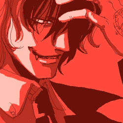  1boy alucard_(hellsing) ascot commentary_request fang gloves hellsing lowres male_focus oekaki portrait profile red_theme sharp_teeth smile solo teeth toshimichi_yukari 
