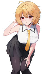 1girl absurdres ahoge bare_arms bare_shoulders bent_over black_choker black_pantyhose black_skirt blonde_hair blush breast_pocket breasts choker closed_mouth collared_shirt commentary hair_ornament hairclip hand_in_own_hair hand_on_own_thigh highres jingburger korean_commentary large_breasts leaning_forward looking_at_viewer miniskirt mole mole_under_eye necktie pantyhose pleated_skirt pocket puleudingding red_eyes shirt short_hair simple_background skirt sleeveless sleeveless_shirt solo thigh_strap virtual_youtuber waktaverse white_background white_shirt yellow_necktie 
